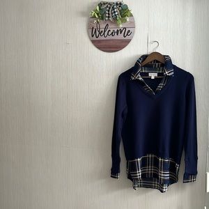 Belle by Kim Gravel Pullover Sweater with Plaid Collar, Sleeves & Shirttail
